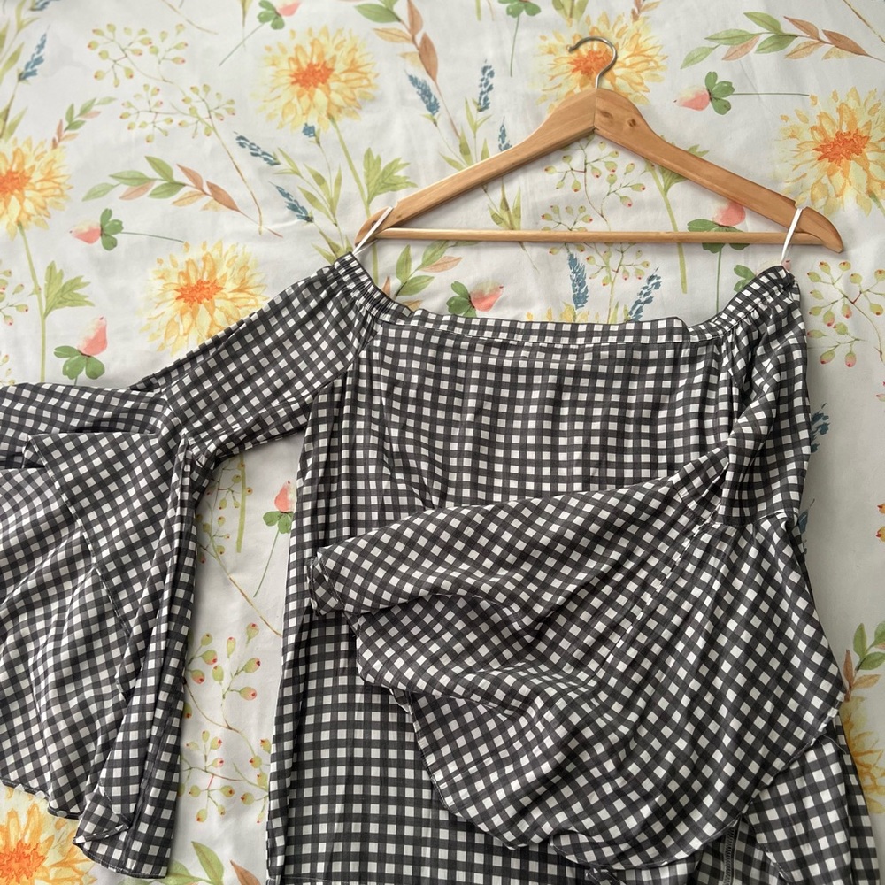 Express Gray and White Checkered Off-Shoulder Top